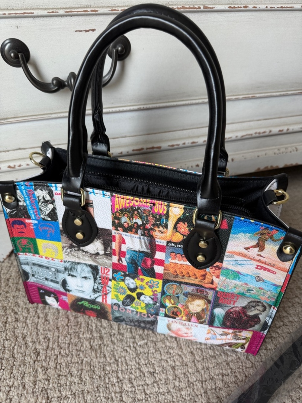 NEW multicolor 80s Albums themed Women’s Handbag w/ Black Handles/gold hardware. - Picture 3 of 11